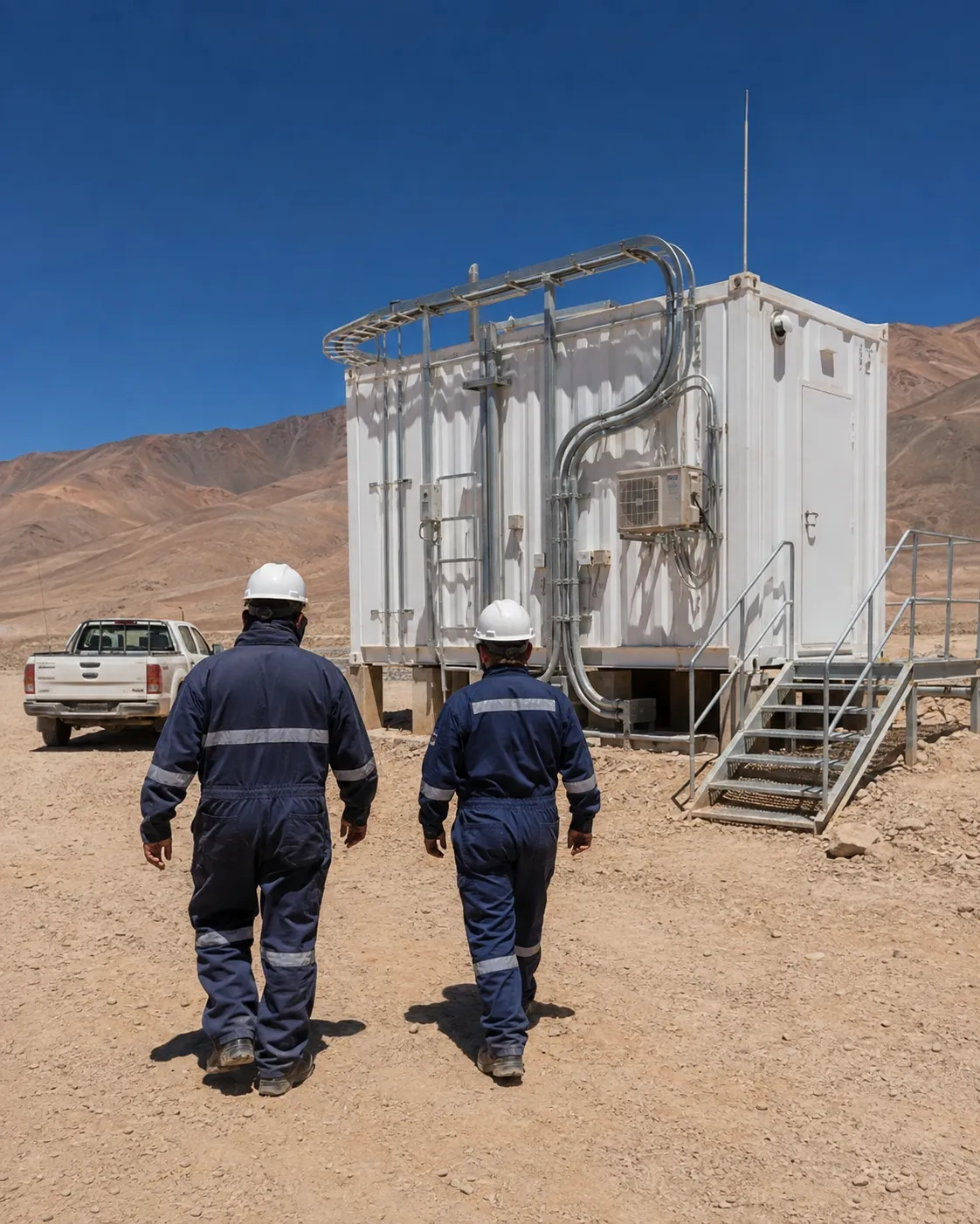 Dos eléctricos junto a una sala eléctrica prefabricada en una faena del desierto