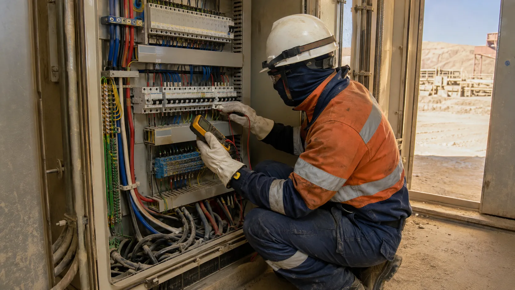 Electricista revisando un tablero de distribución en faena