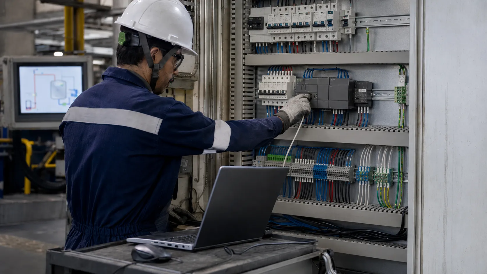 Especialista configurando un gabinete de control con PLC